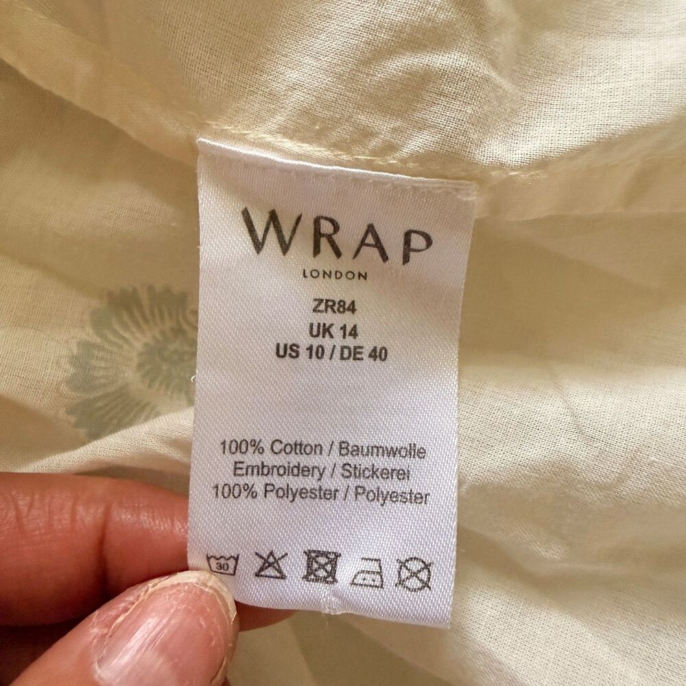 Wrap London Shirring Detail Cotton Shirt Ecru Sage Embroidered Blouse Sz 10 - Picture 5 of 10
